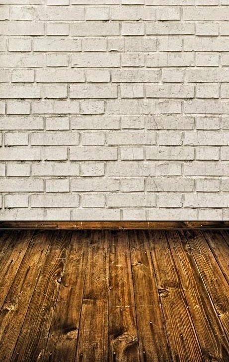 White Brick Wall with Brown Floor Backdrop for Studio F-1581