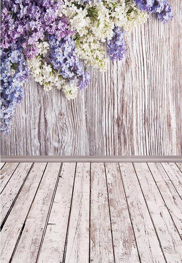 Lilac Flowers Violet Floral Wood Wall Photography Backdrop F-2341