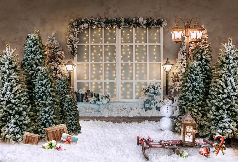 Toile De Fond Décorative Arbres De Noël Bonhomme De Neige Fenêtre Pour La Photographie G-1437