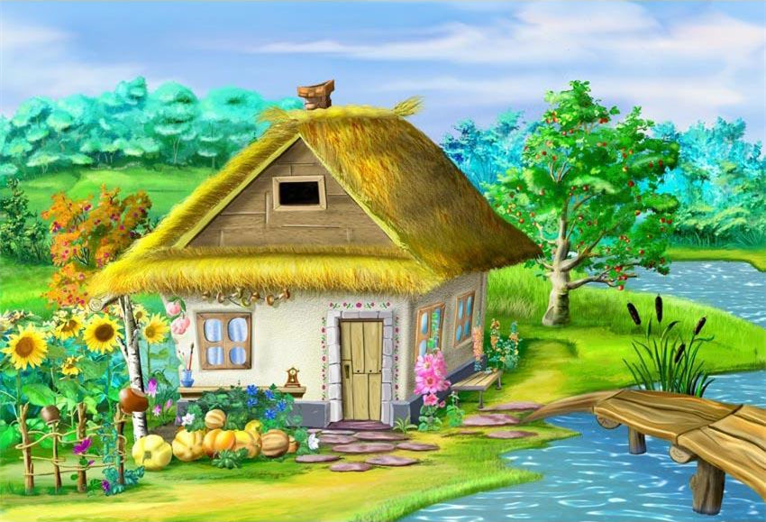 Toile de fond de Dessin animé traditionnel vieux village peinture numérique G-597