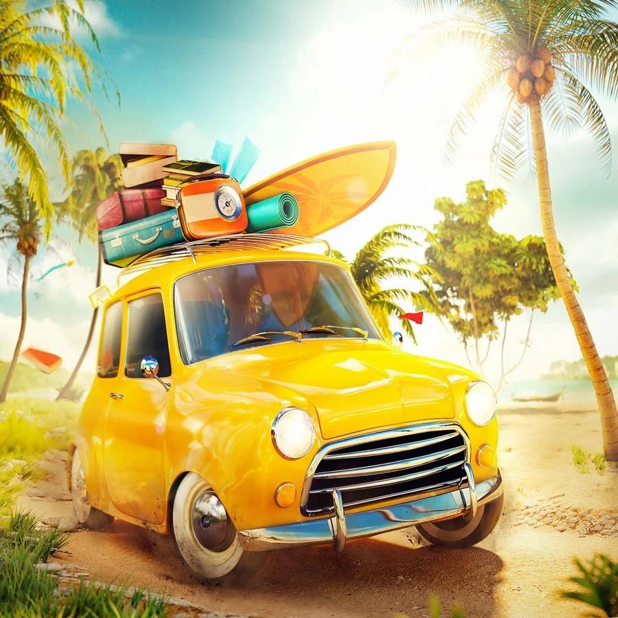 Beach Yellow Car Summer Holiday Photography Backdrop GA-76