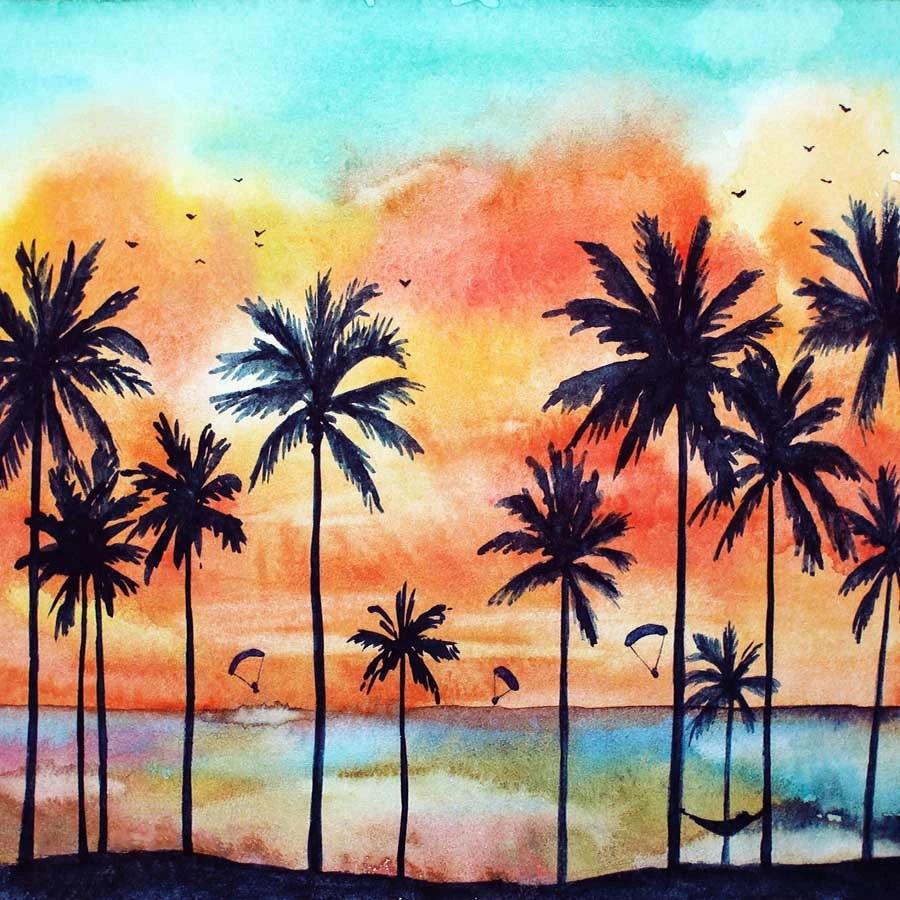 Summer Beach Sunset Coconut Tree Photo Booth Backdrop GA-78