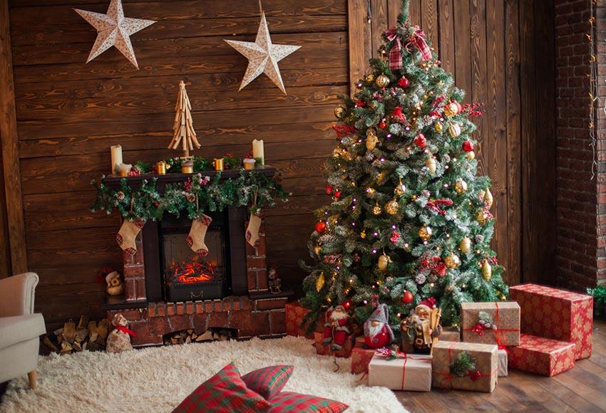 Toile De Fond De Maison En Bois Arbres De Noël Bas De Noël Gx-1049