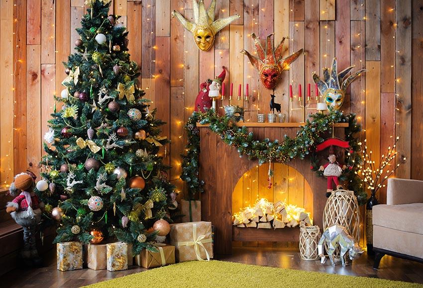 Toile De Fond De Noël De Cheminée En Bois Jaune Chaud Gx-1068