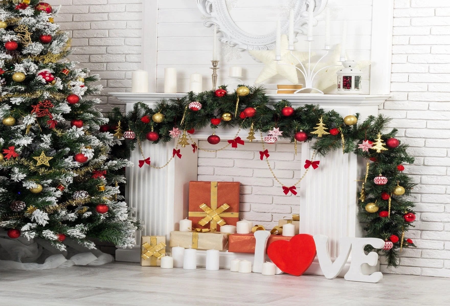 Christmas Gifts Fireplace Candle Background Photo Backdrop KAT-10