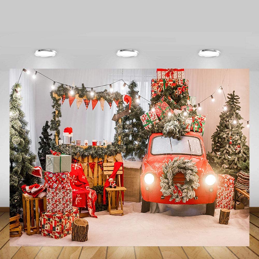 Voiture rouge Décoration de Noël Lumières du Nouvel An Toile de fond photo KAT-181