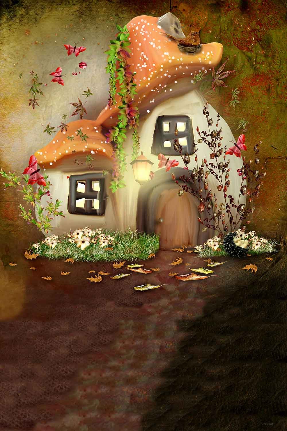 Mushroom House Fairytale Nature Photo Backdrop N10202