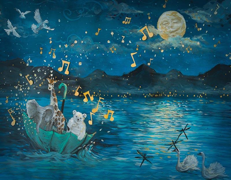 Toile De Fond De Scène De Lac Bleu Nuit De Dessin Animé Pour La Photographie De Bébé Nb-331