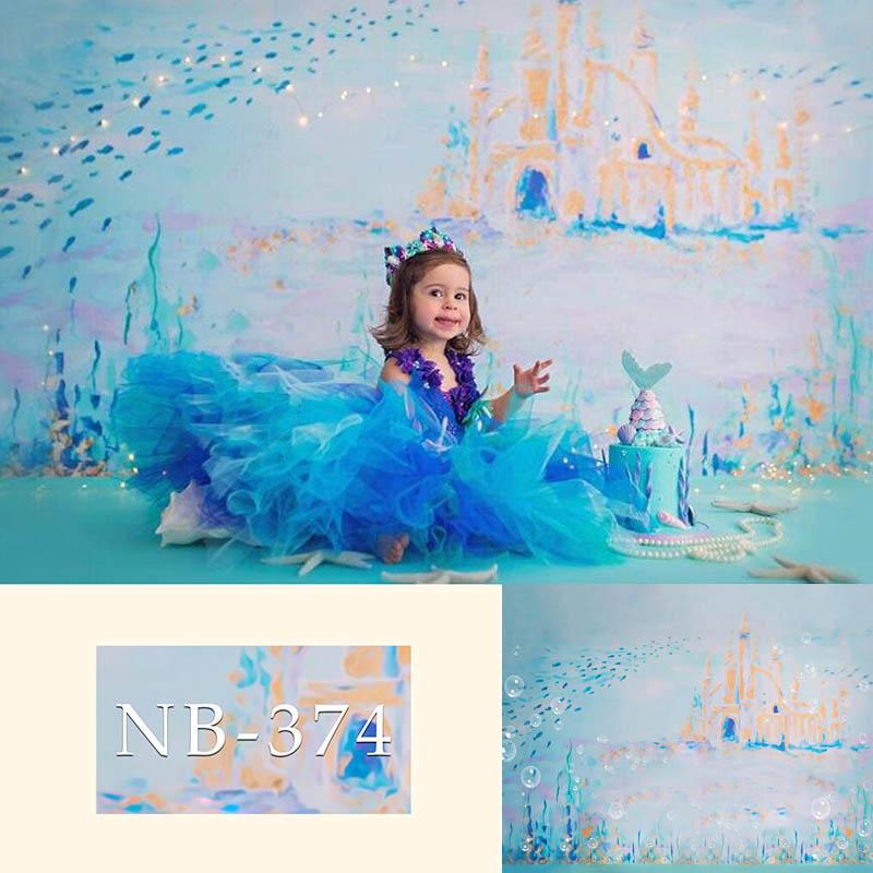 Aquarelle Fond Bleu Château Pour La Photographie Nouveau-Né Nb-374