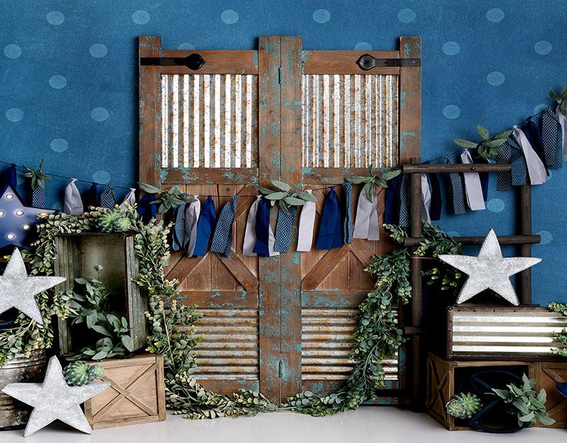 Fond Bleu Mignon De Porte En Bois Vintage Pour La Photographie Nouveau-Né Nb-456