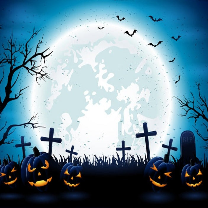 Halloween Night Blue Moon Pumpkins Photo Backdrop