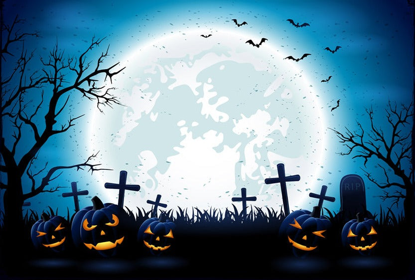 Halloween Night Blue Moon Pumpkins Photo Backdrop
