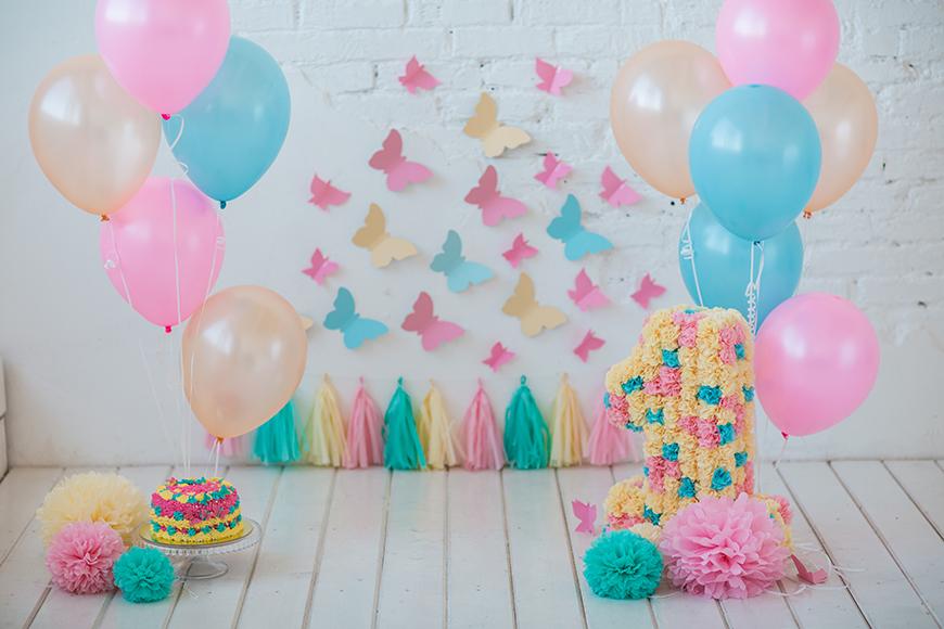 Balloons Butterflies 1st Birthday Photo Studio Backdrop