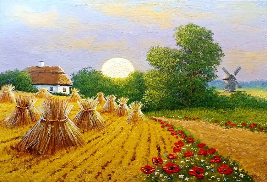 Rural Village Field Red Flowers Photo Backdrop