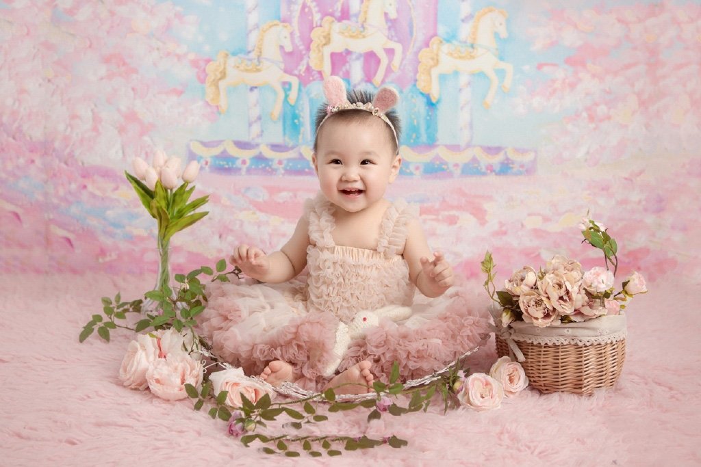 Toile De Fond Rose Nouveau-Né Fond Carrousel Peinture Fond Bébé Fille Photographie Zg-03