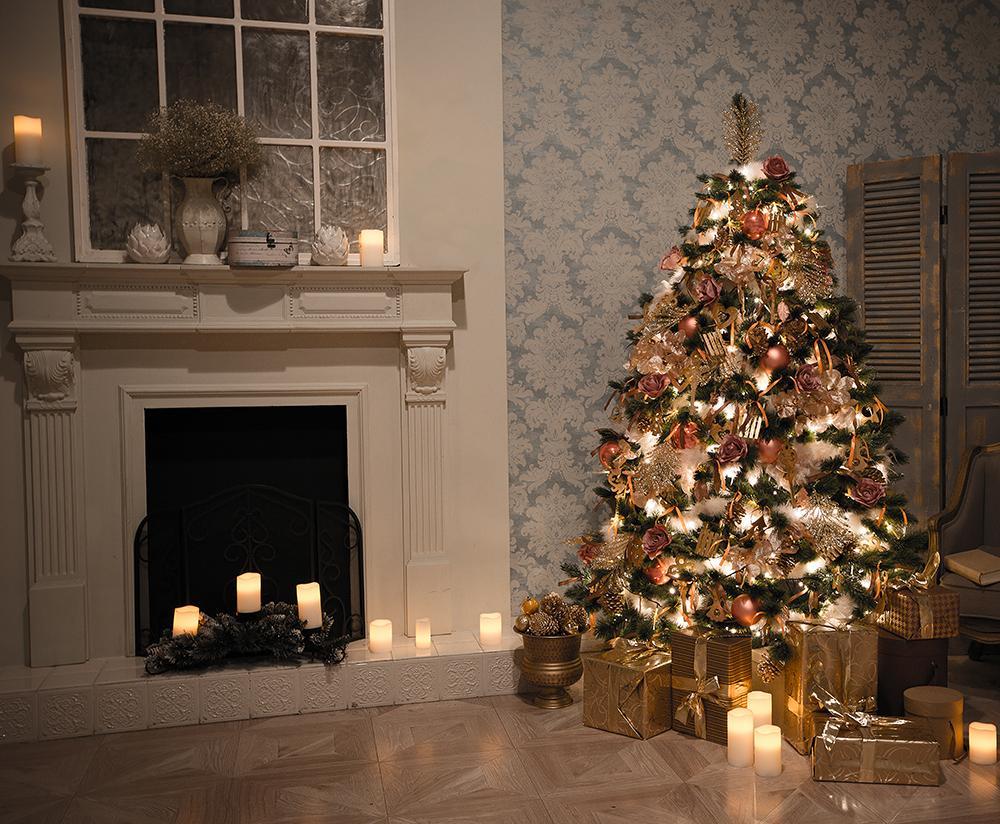 Christmas Tree Candle Fireplace Backdrop for Photography DBD-H19204