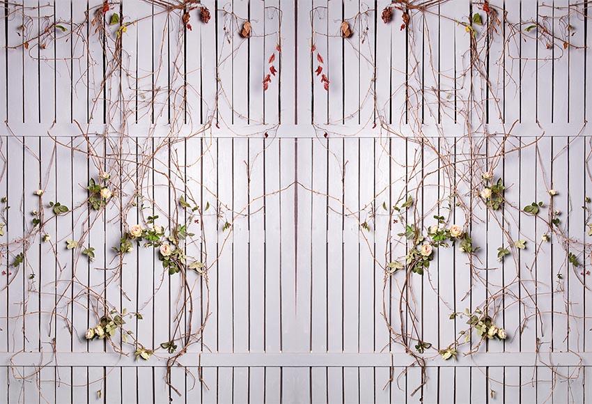 White Wooden Fence Twined with Roses Backdrop for Photography