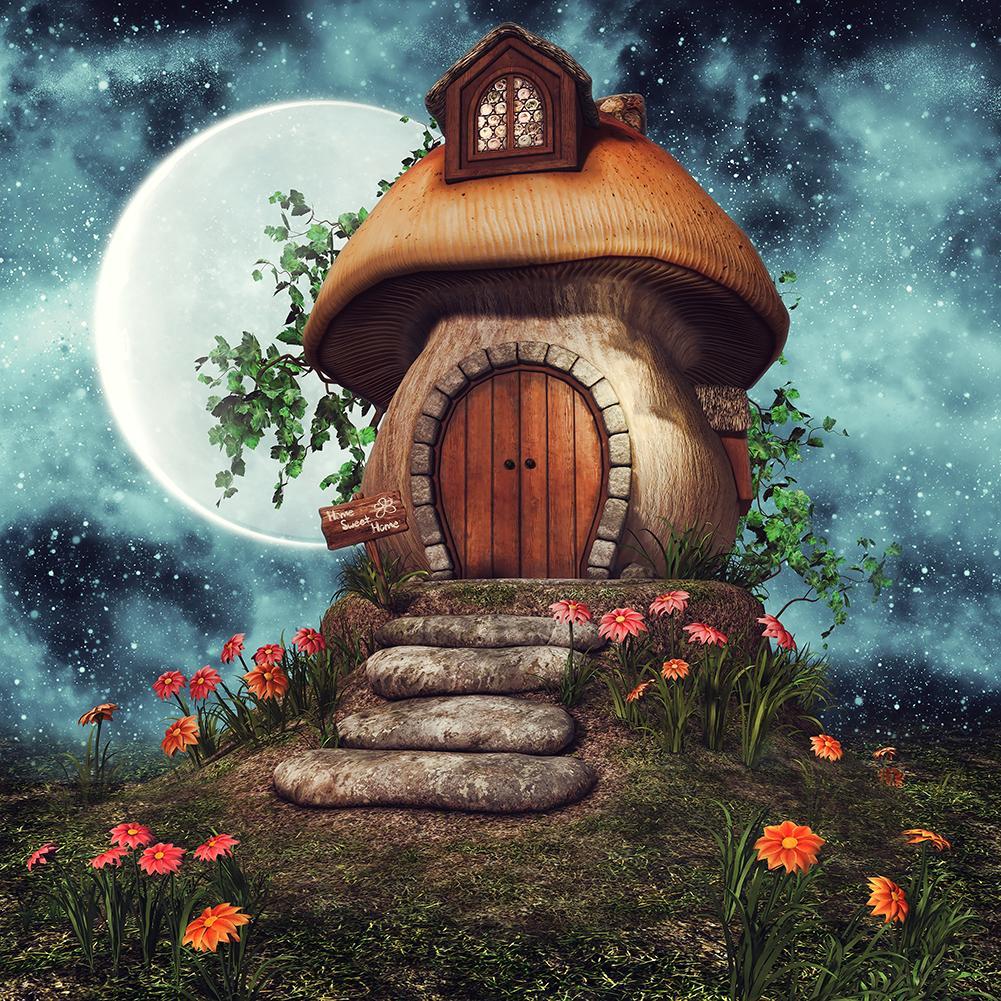 Moonlight Backdrop Cartoon Mushroom House Halloween Backdrops IBD-19106