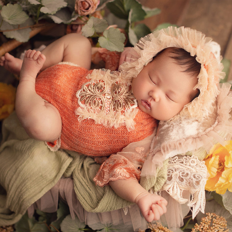 Nouveau-né Bébé Mignon Ensemble de fleurs en dentelle tricoté avec coiffe CL1