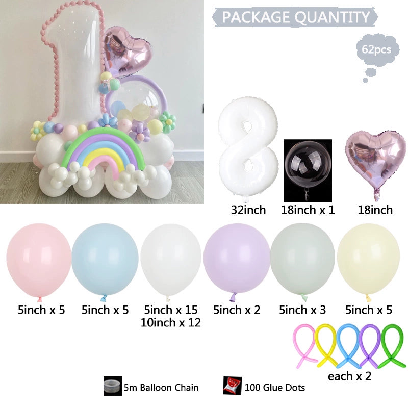 Ensemble de Ballons Chiffres d'Anniversaire Blancs Macaron Rainbow 32" BA35