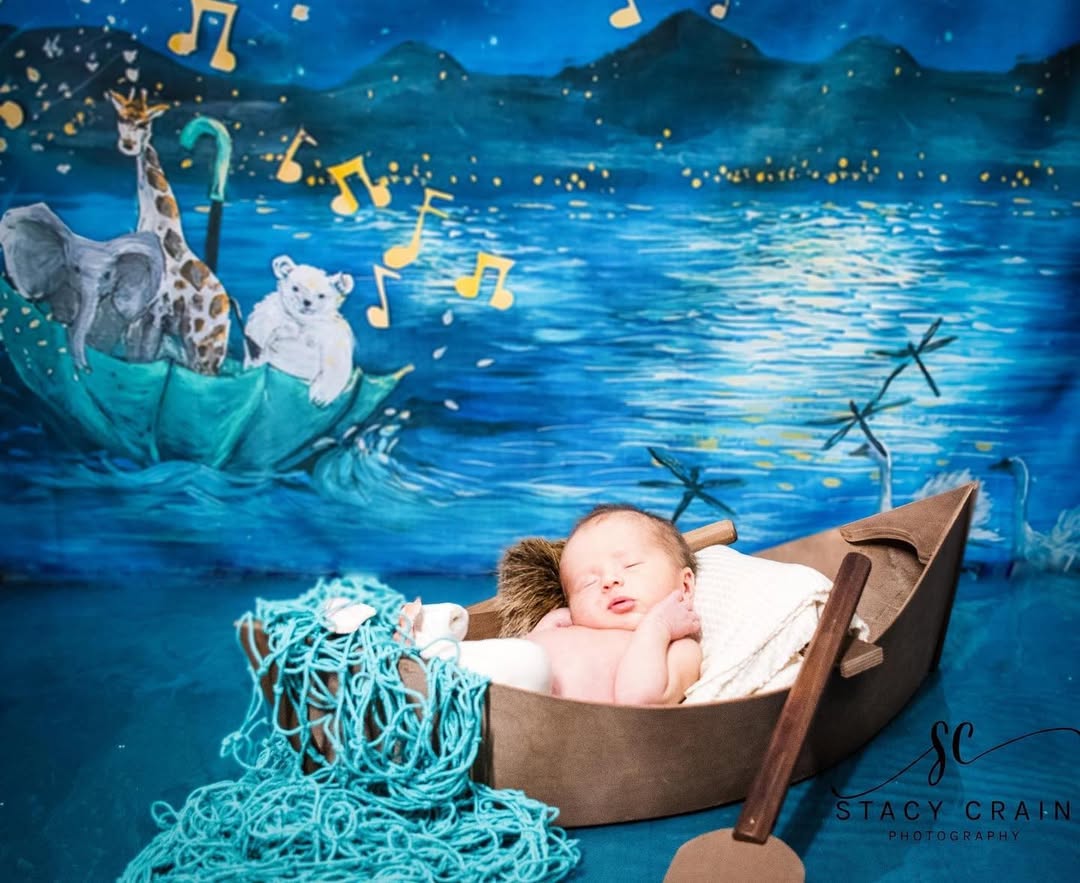 Toile De Fond De Scène De Lac Bleu Nuit De Dessin Animé Pour La Photographie De Bébé Nb-331