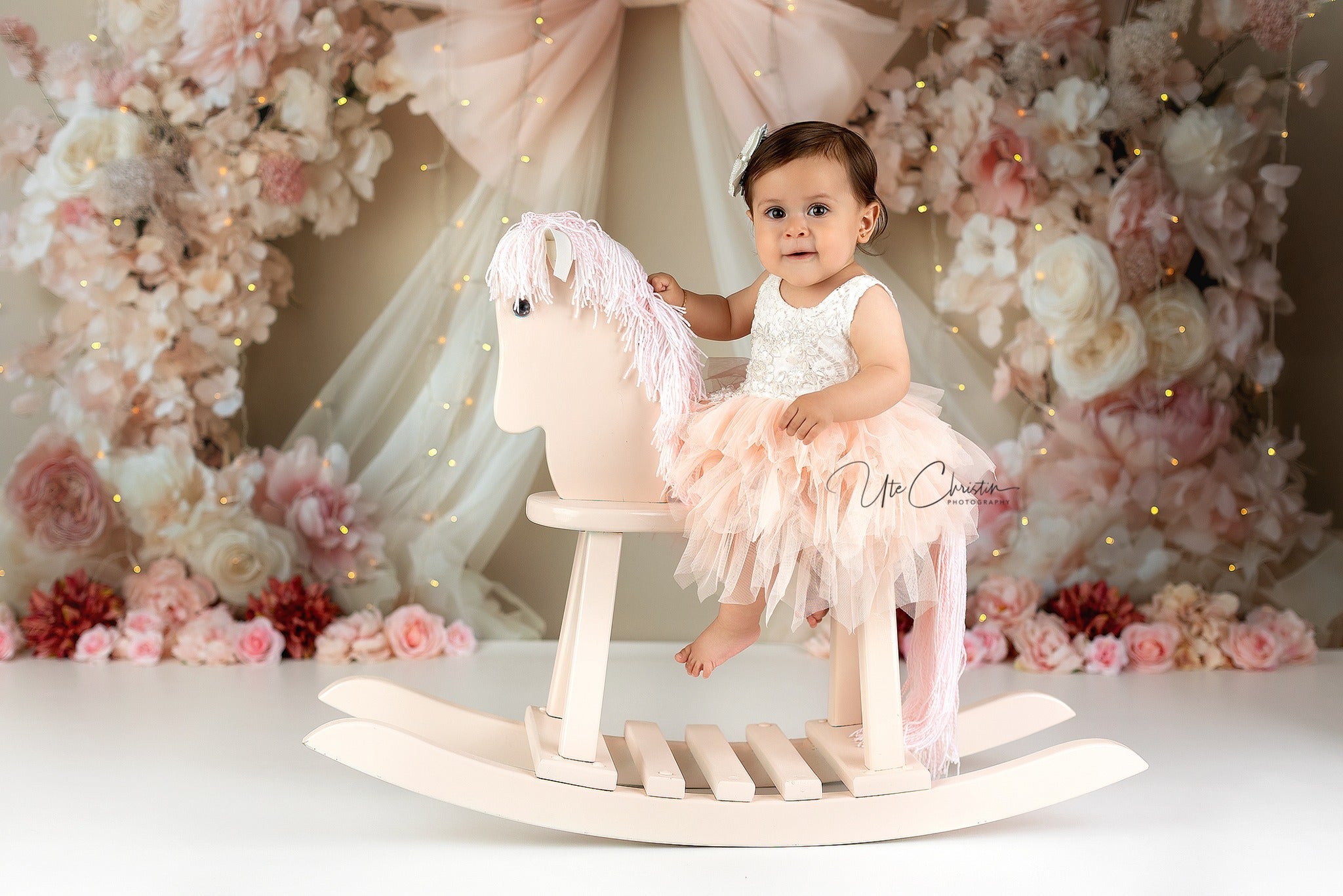Toile de fond Nouveau-Né Nœud Rose Draperie Florale Arrangement Enfants MRR9-45
