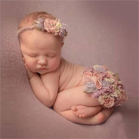 Accessoires de photographie pour nouveau-né Robe à pompon fleurie pour bébé fille (avec coiffe assortie) CL3