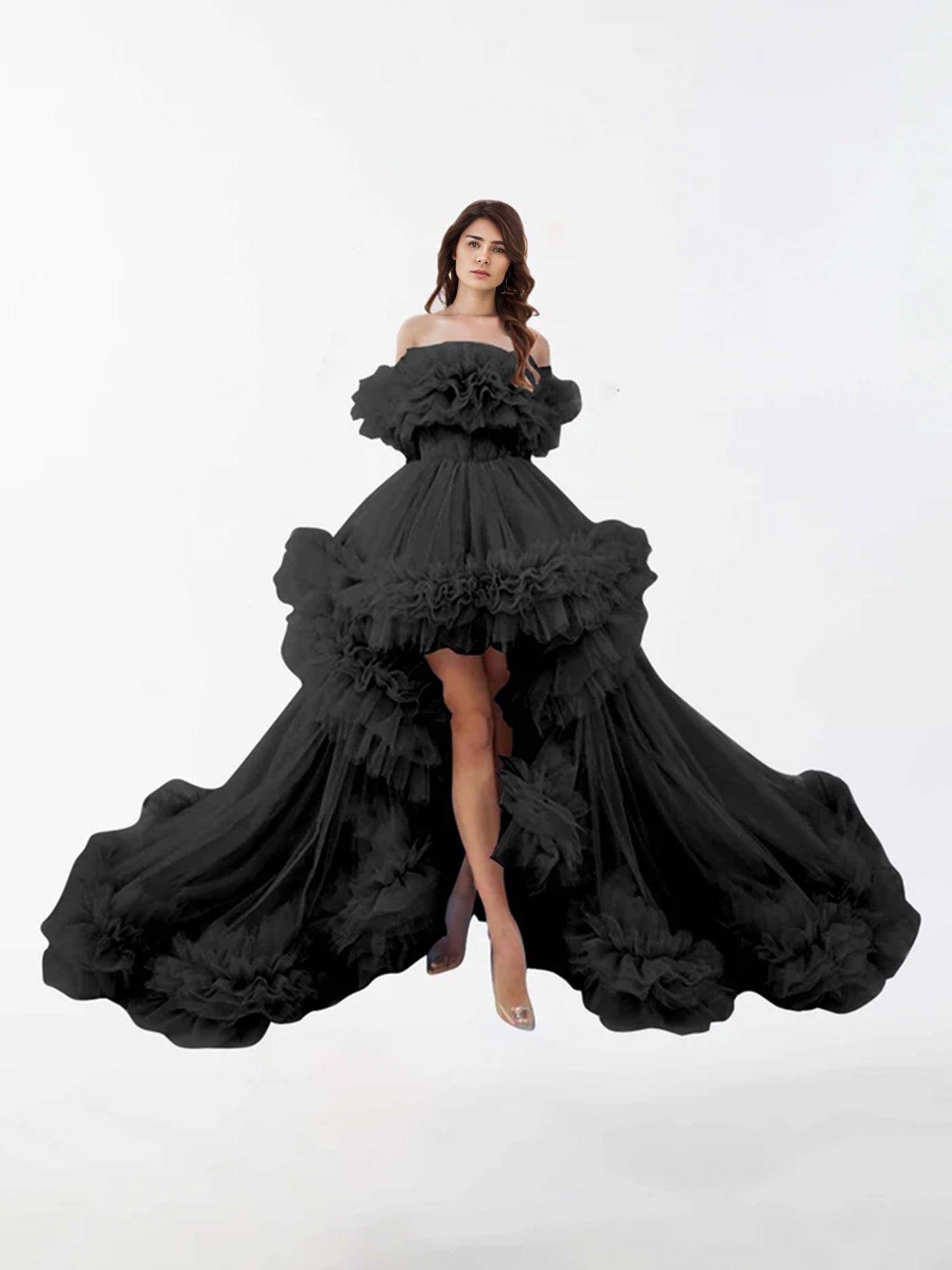 Robe de maternité en tulle avec volants irréguliers encolure dégagée ourlet haut-bas et train de balai RB6