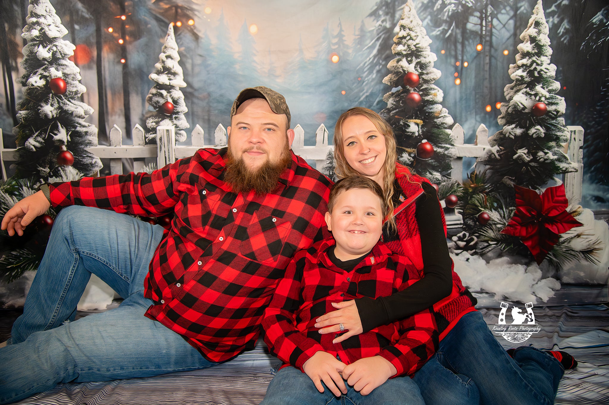 Toile de Fond de Forêt Enneigée de Noël + Sol en Bois Classique RR8-571