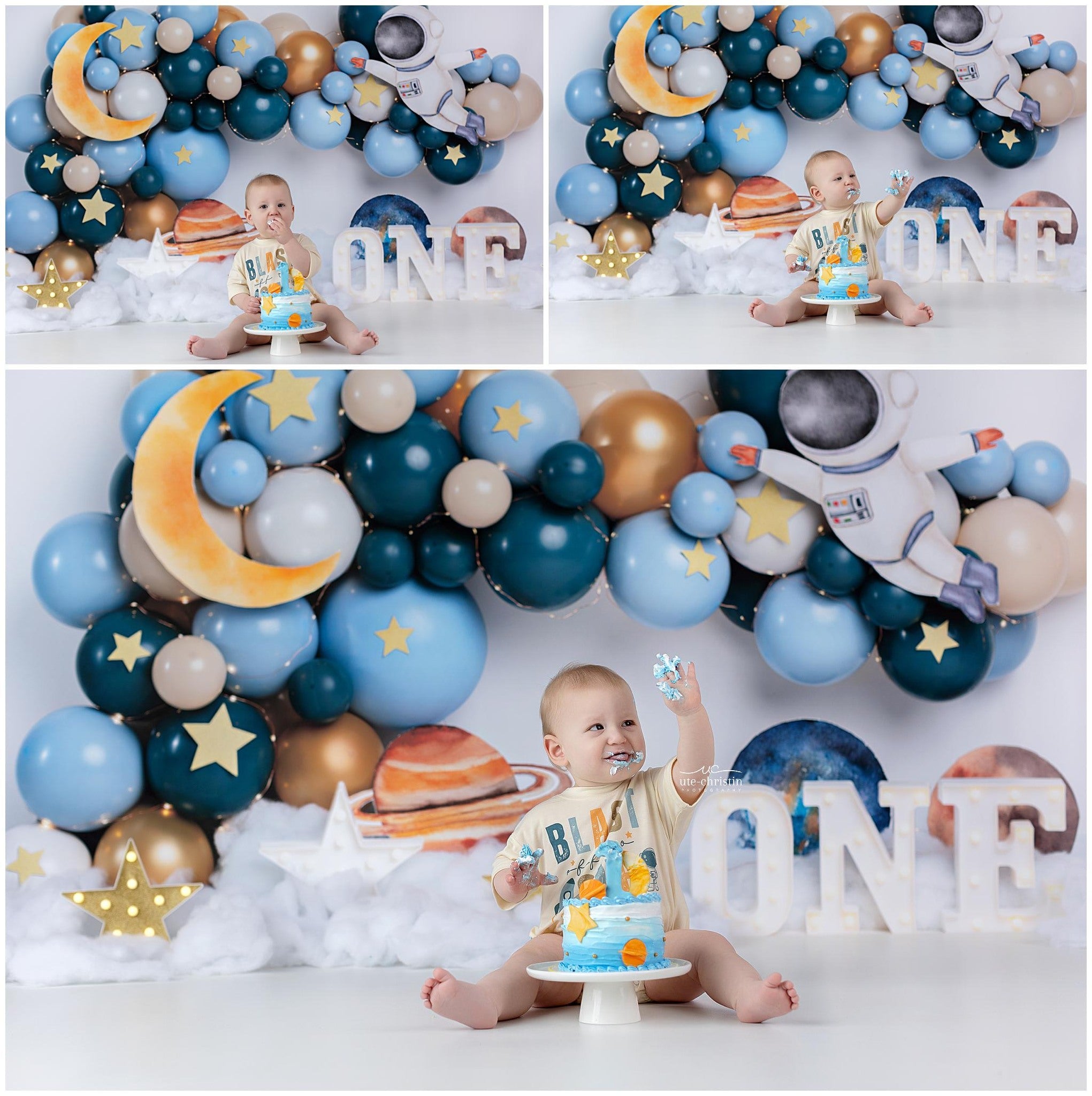 Toile de fond 1er Anniversaire Astronaute Espace Aventure Ballons Smash Cake MRR9-58