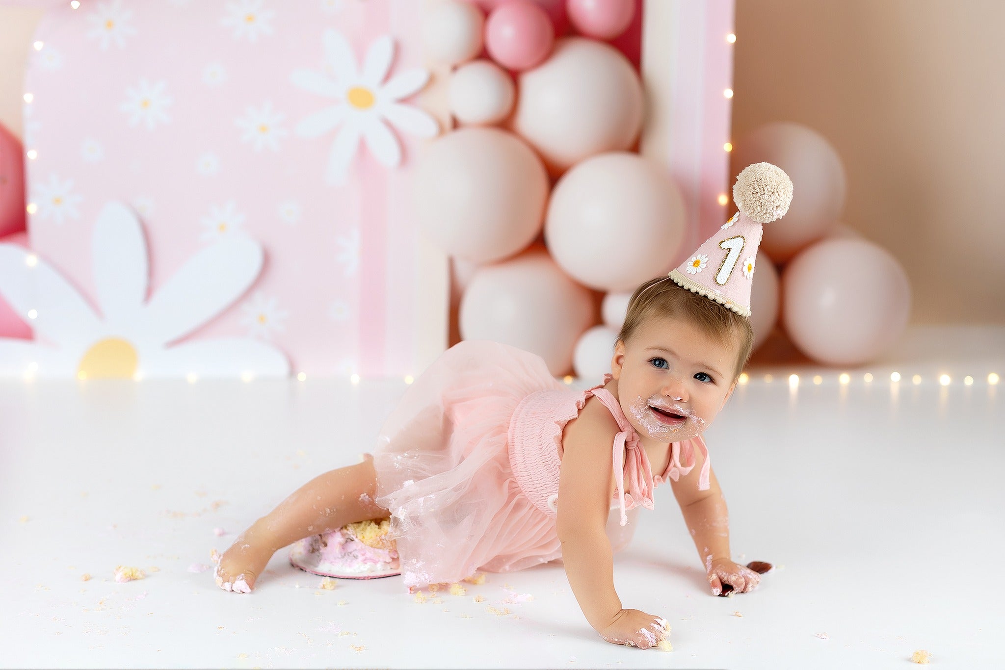 Toile de fond Smash Cake Marguerite Rose Ballons Arc-En-Ciel Anniversaire Photo MRR9-40