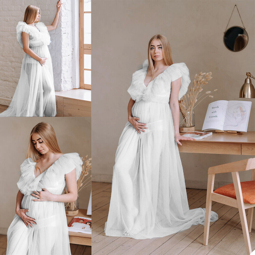 Robe de Maternité en Tulle Doux avec Col en V au Sol RB14