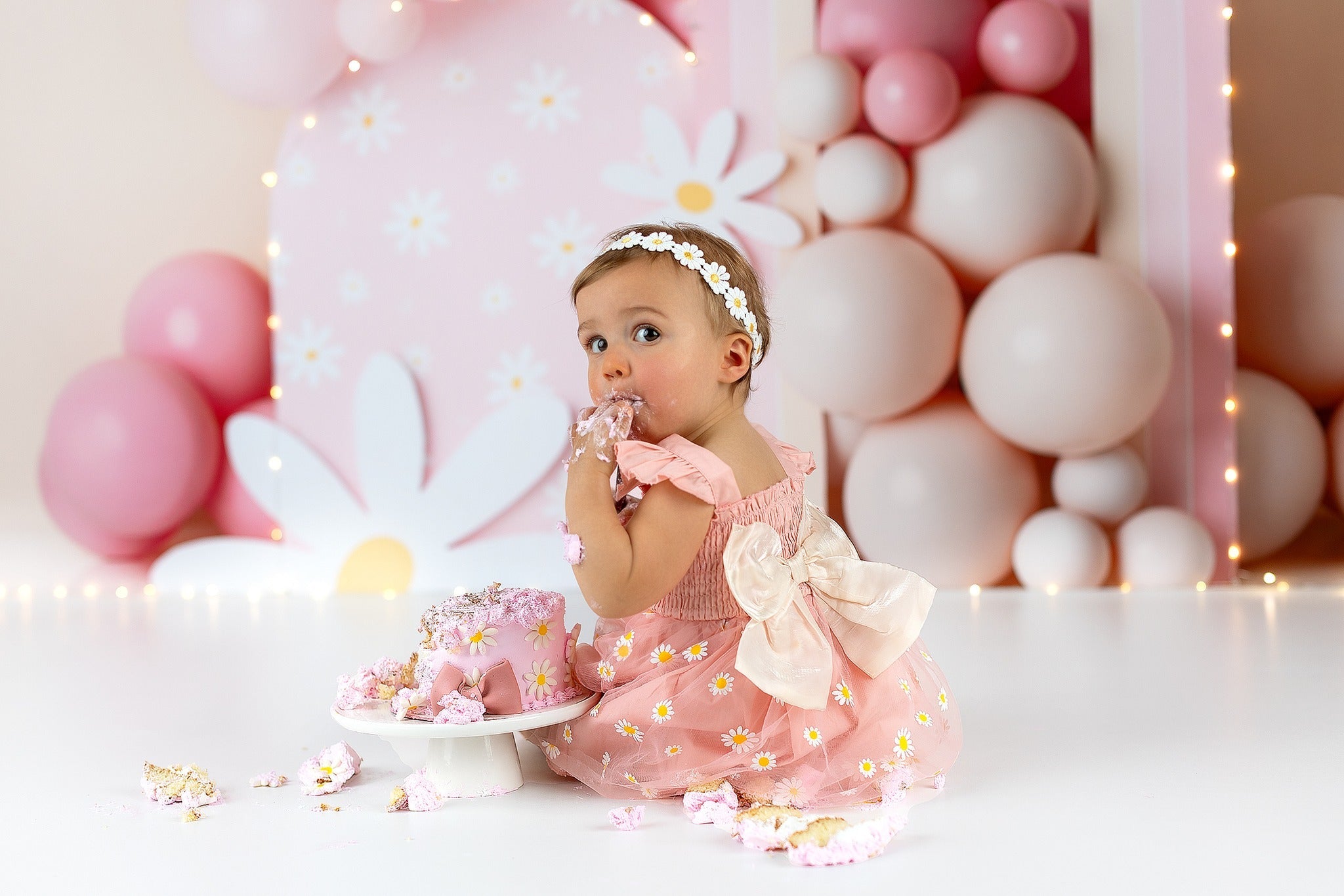 Toile de fond Smash Cake Marguerite Rose Ballons Arc-En-Ciel Anniversaire Photo MRR9-40