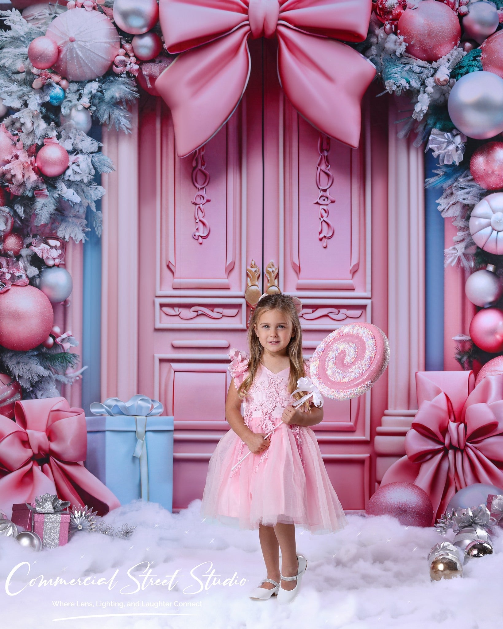 Toile de fond Noël Rose Porte Rose Ruban Guirlande Noël MRR9-70