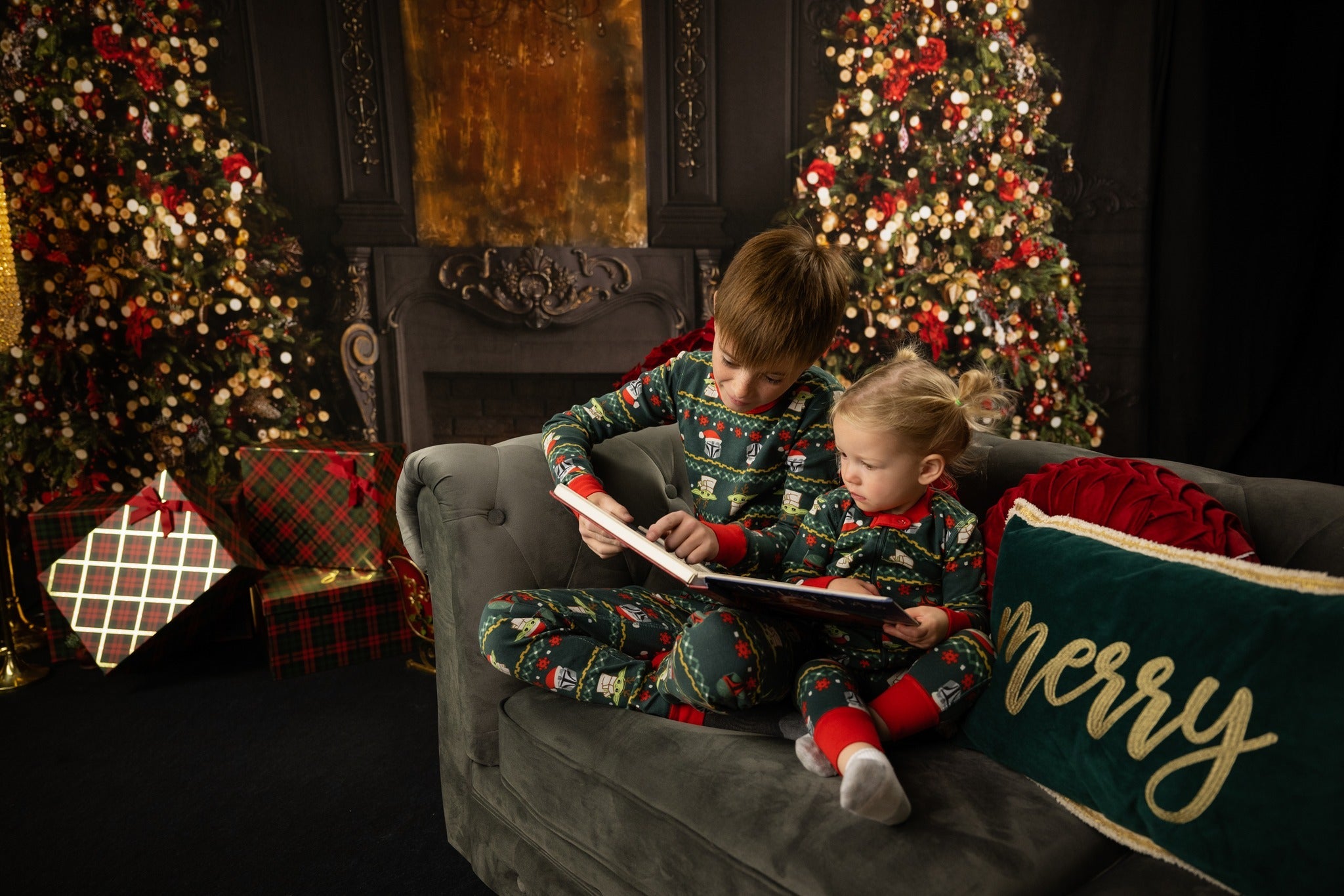 Toile de fond Noël Cheminée Élégants Sapins Lueur de Cheminée Noël MRR9-99