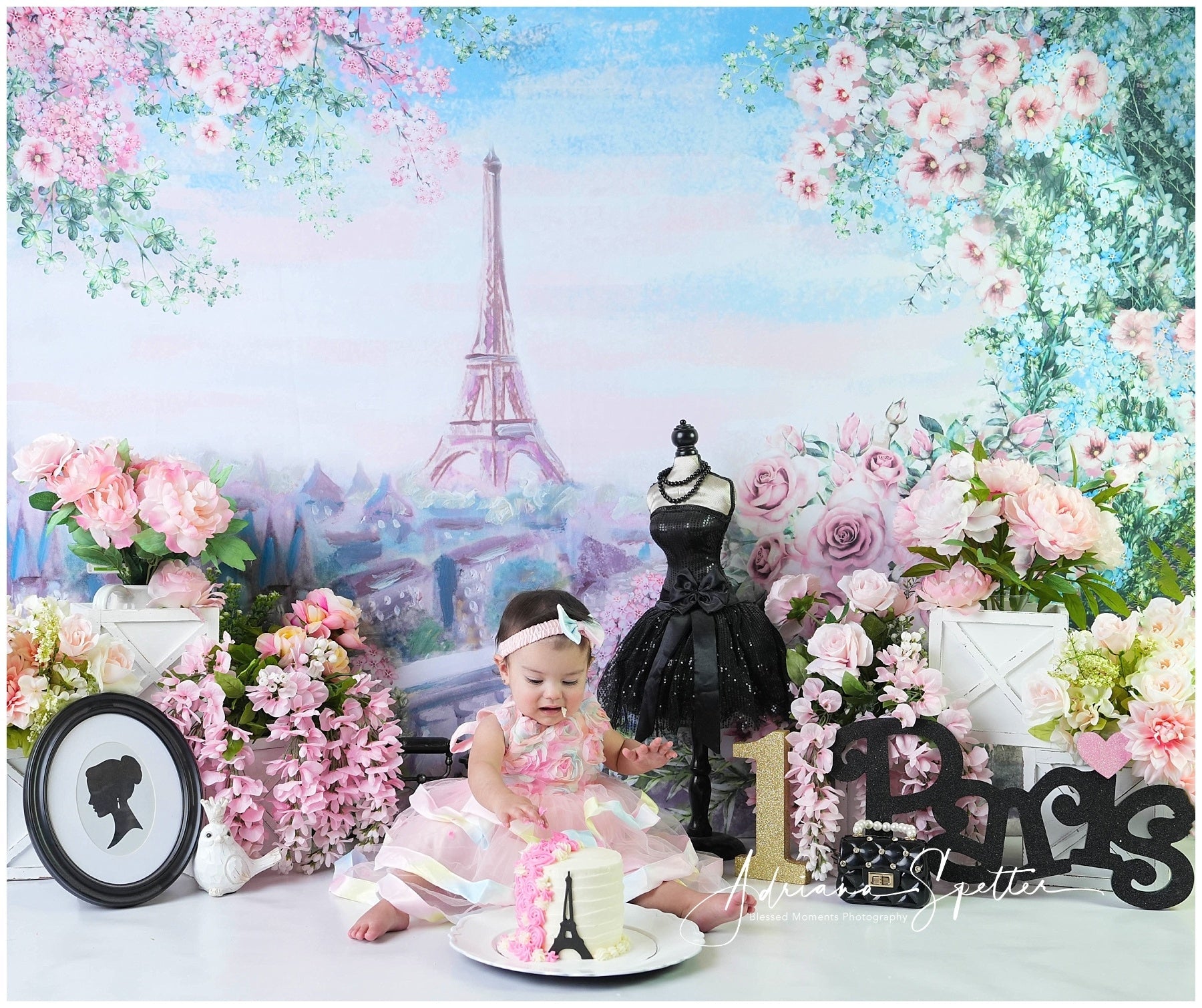 Fond pour cake smash Tour Eiffel Fond floral printanier pour anniversaire MRR10-45