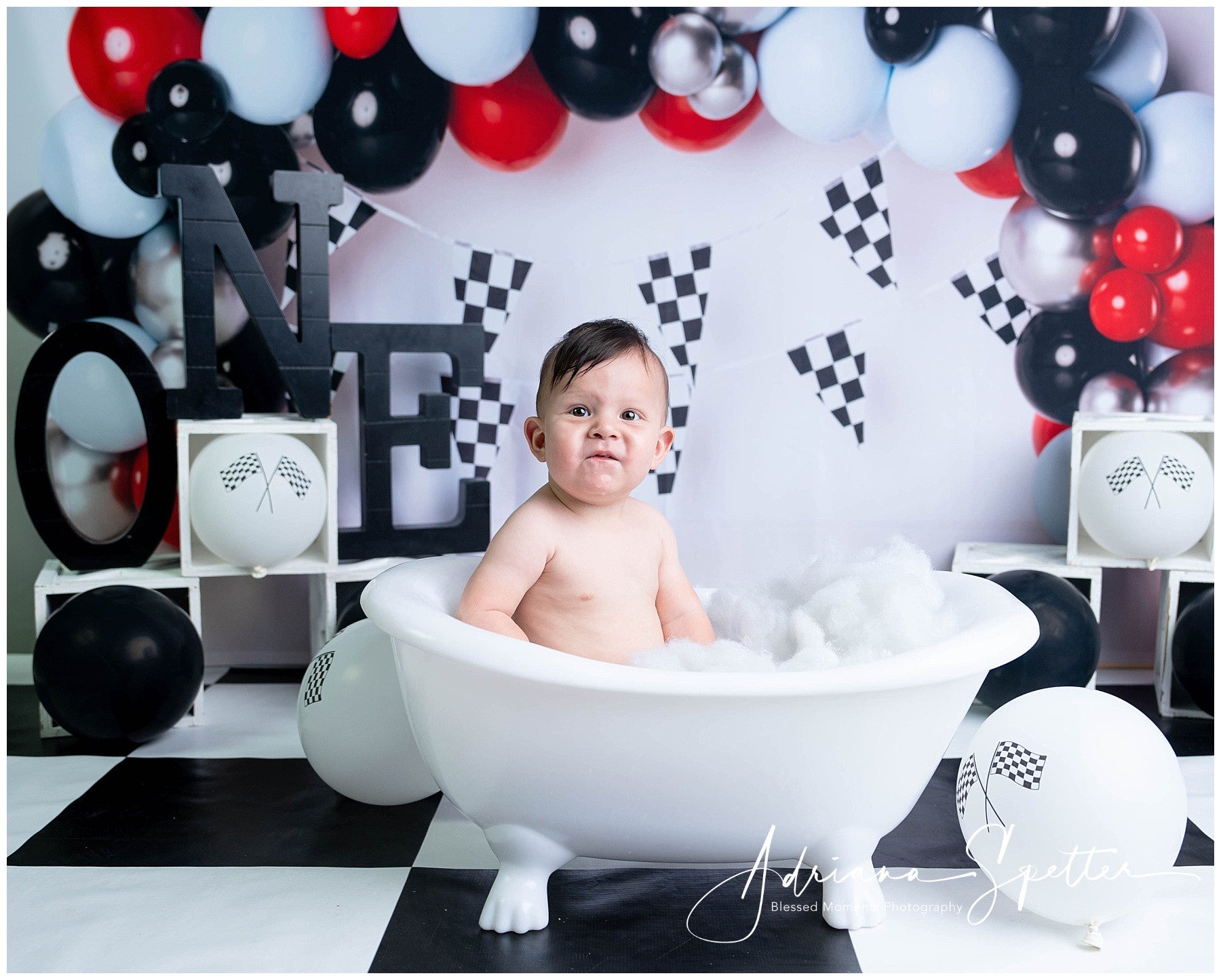 Fonds pour cake smash Voiture de course Arche de ballons Fond d'anniversaire MRR10-21