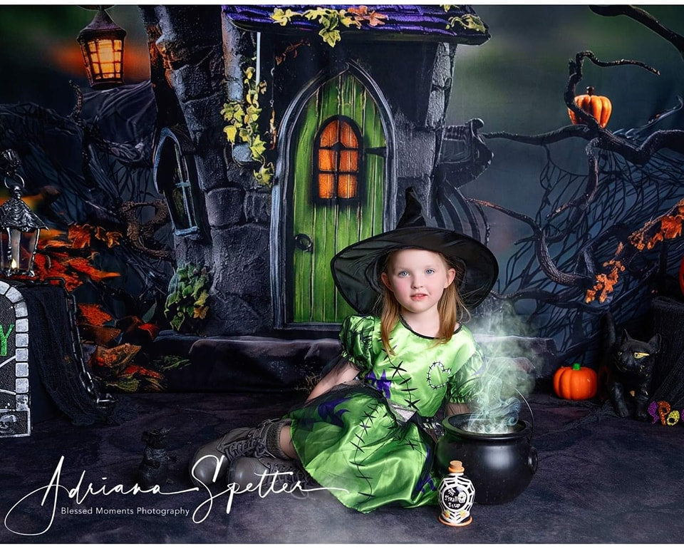 Toile de fond Halloween Maison Hantée Porte Verte Lumières Halloween MRR9-131