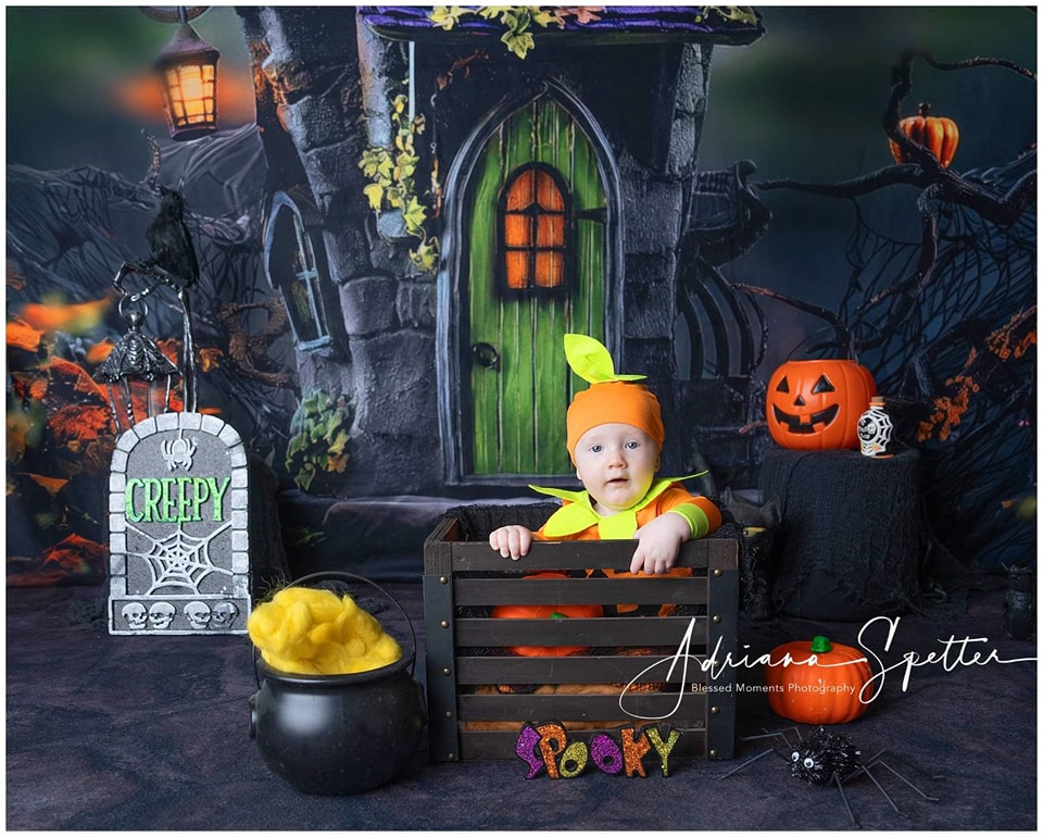 Toile de fond Halloween Maison Hantée Porte Verte Lumières Halloween MRR9-131
