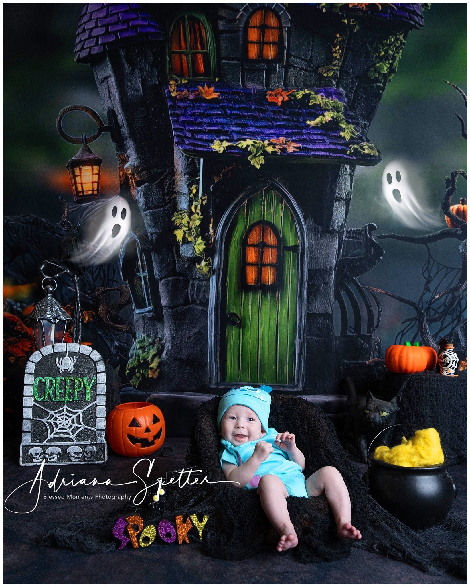 Toile de fond Halloween Maison Hantée Porte Verte Lumières Halloween MRR9-131