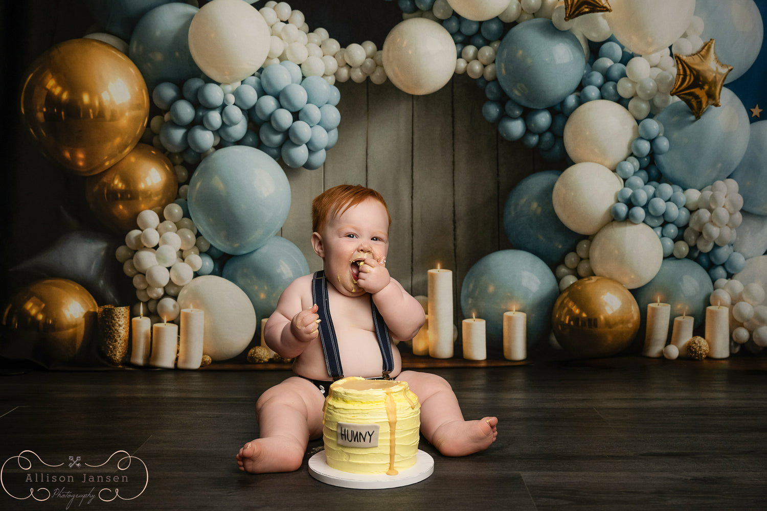 Toile de fond Smash Cake Bleu Or Étoiles Arche de Ballons Anniversaire MRR9-90