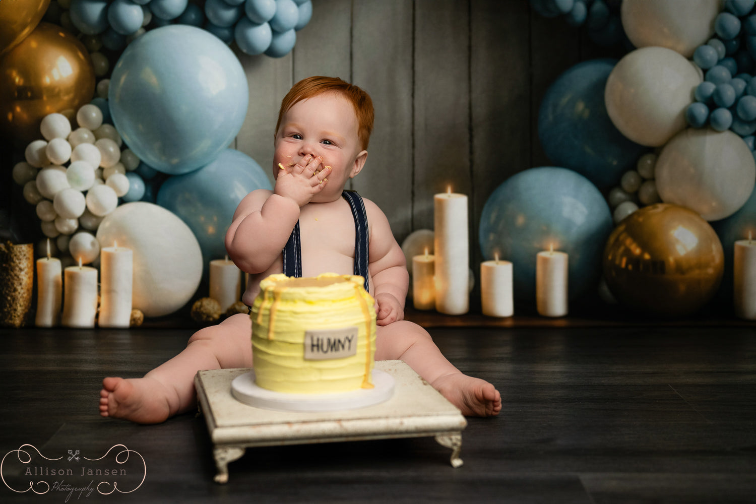 Toile de fond Smash Cake Bleu Or Étoiles Arche de Ballons Anniversaire MRR9-90