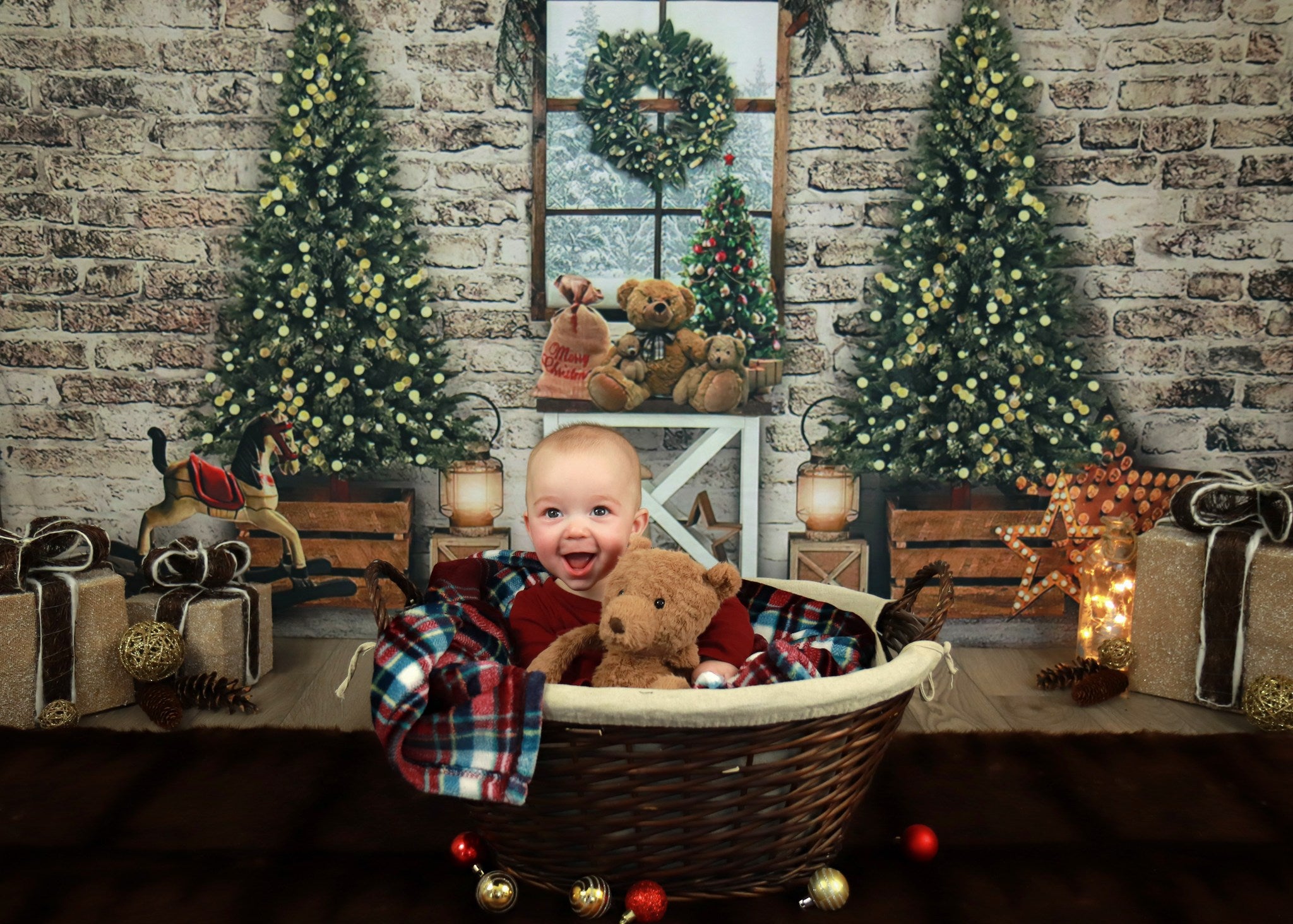Toile De Fond Noël 3x2.1 M - Motif Sapin, Ours, Bougie - En Tissu Polyester, Lavable, Pour Décoration Et Photos