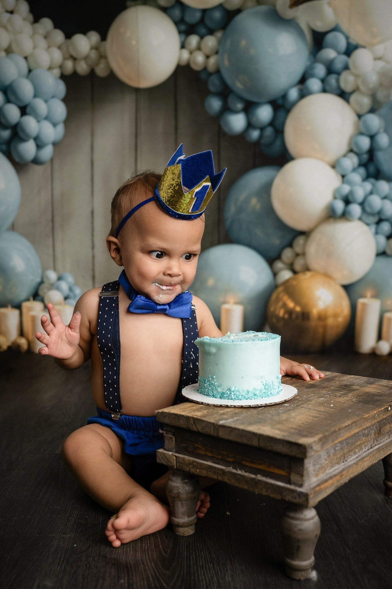 Toile de fond Smash Cake Bleu Or Étoiles Arche de Ballons Anniversaire MRR9-90