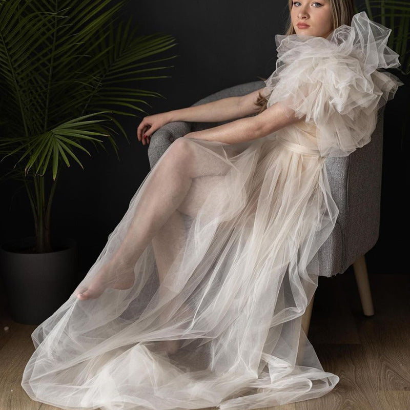 Robe de Maternité en Tulle Floral à une Épaule avec Fente RB13