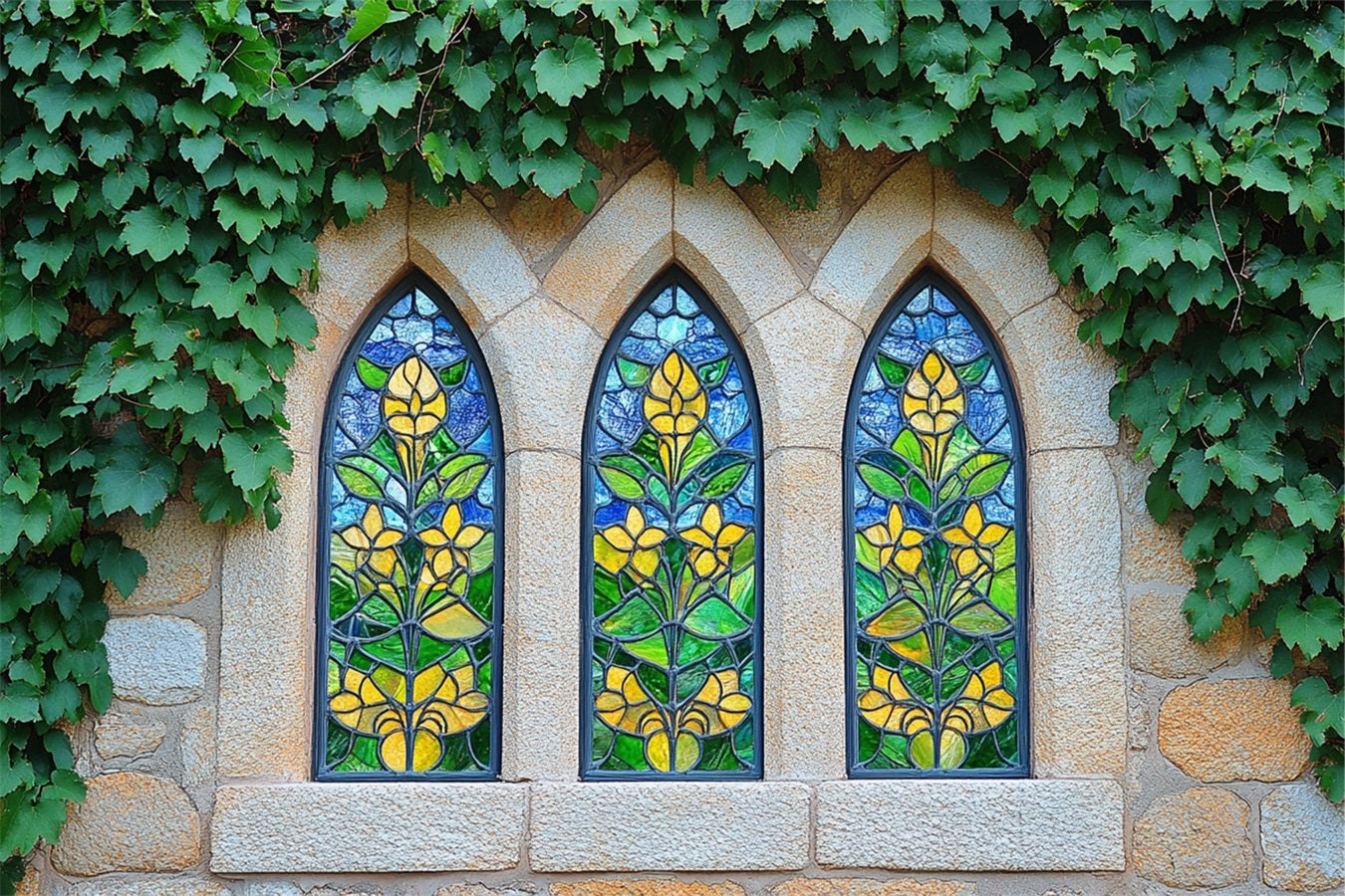 Fond Photo Printemps Mur en Pierre Rustique Verre Floral BRP1-13