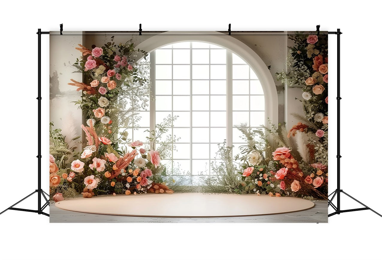 Toile de Fond Photo Saint Valentin Fenêtre Arche Florale Cœurs BRP1-134