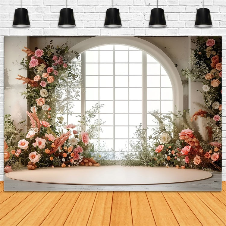 Toile de Fond Photo Saint Valentin Fenêtre Arche Florale Cœurs BRP1-134