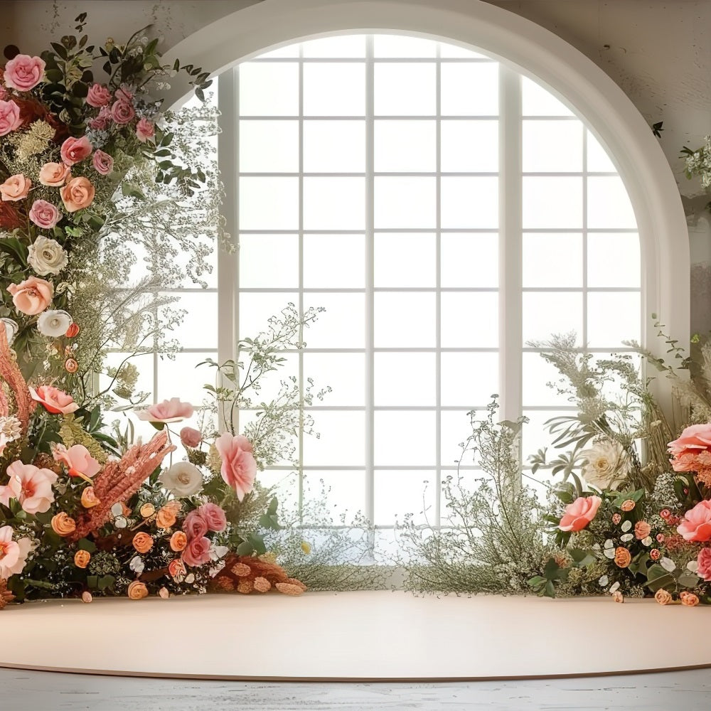 Toile de Fond Photo Saint Valentin Fenêtre Arche Florale Cœurs BRP1-134