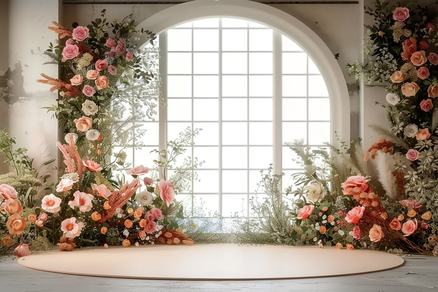 Toile de Fond Photo Saint Valentin Fenêtre Arche Florale Cœurs BRP1-134